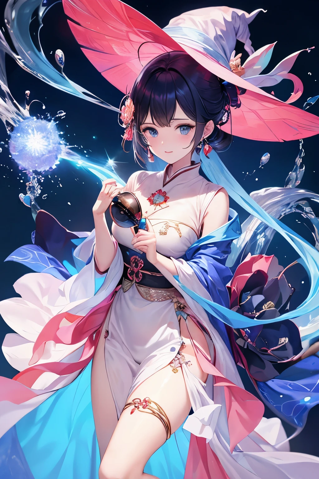 Witch woman,Conservative dress,Wearing a big hat,Blue Crane,Dressed in blue, red and white princess dress,Upper body close-up,Close-up photo,jewelry,Vision of Heaven and Earth,Magic crystal ball,The Milky Way in the background,solar system