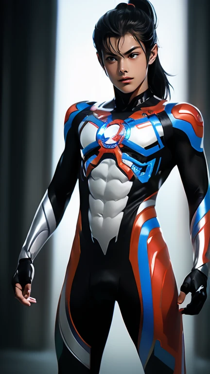 Ultraman, realistic, realistic, movie lights, young man in shiny red and silver suit, 15 years old, professional photo, skin exposed, Japanese model, Japanese CGI, sexy Ultraman suit, Power Rangers set, tight thin cyber suit, with elastic all over, delicate body, small butt, muscle, abs, lewd mark, groin tattoo, thin waist, exposed belly cyber suit on both sides skin tight, slanted eyes, sharp gaze, ponytail hair, facing forward, standing facing forward, glowing sphere embedded in chest, essay exam, blue sky background, Young beautiful boy, young handsome boy, Ultraman Boy personification, Ultraman-colored latex, Ultraman-colored rubber bodysuit, Ultraman color suit, Ultraman body suit, muscles, abs, mask off Ultraman Boy, Ultraman Boy without mask, Ultraman Boy suit, Ultraman Boy cosplay, Ultraman Boy costume, 15 year old boy's body, Ultraman Boy with face exposed, Ultraman without mask Boy, Ultraman without mask, medium-length hair, ponytail hair, color timer on chest, energy drain on chest, Ultraman Boy, boy's face, young boy with long hair, Ultraman Boy cosplayer, exposed face, 13 to 15 years old Boy, young boy's face, high definition, highest quality, best masterpiece, highest clarity, highest resolution, 8K, 16K, 32K, CG art, highest detail, Full body shot, full body view, Belly-baring Ultraman-colored bodysuit, belly-baring Ultraman-colored bodysuit, revealing bodysuit, lewd mark, crotch tattoo, abdominal muscle openwork bodysuit, abdominal muscle visible bodysuit,