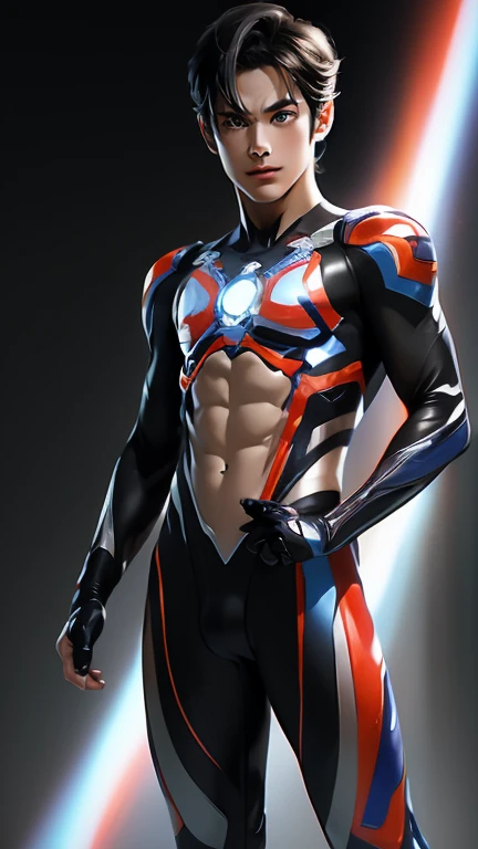 Ultraman, realistic, realistic, movie lights, young man in shiny red and silver suit, 15 years old, professional photo, skin exposed, Japanese model, Japanese CGI, sexy Ultraman suit, Power Rangers set, tight thin cyber suit, with elastic all over, delicate body, small butt, muscle, abs, lewd mark, groin tattoo, thin waist, exposed belly cyber suit on both sides skin tight, slanted eyes, sharp gaze, ponytail hair, facing forward, standing facing forward, glowing sphere embedded in chest, essay exam, blue sky background, Young beautiful boy, young handsome boy, Ultraman Boy personification, Ultraman-colored latex, Ultraman-colored rubber bodysuit, Ultraman color suit, Ultraman body suit, muscles, abs, mask off Ultraman Boy, Ultraman Boy without mask, Ultraman Boy suit, Ultraman Boy cosplay, Ultraman Boy costume, 15 year old boy's body, Ultraman Boy with face exposed, Ultraman without mask Boy, Ultraman without mask, medium-length hair, ponytail hair, color timer on chest, energy drain on chest, Ultraman Boy, boy's face, young boy with long hair, Ultraman Boy cosplayer, exposed face, 13 to 15 years old Boy, young boy's face, high definition, highest quality, best masterpiece, highest clarity, highest resolution, 8K, 16K, 32K, CG art, highest detail, Full body shot, full body view, Belly-baring Ultraman-colored bodysuit, belly-baring Ultraman-colored bodysuit, revealing bodysuit, lewd mark, crotch tattoo, abdominal muscle openwork bodysuit, abdominal muscle visible bodysuit,