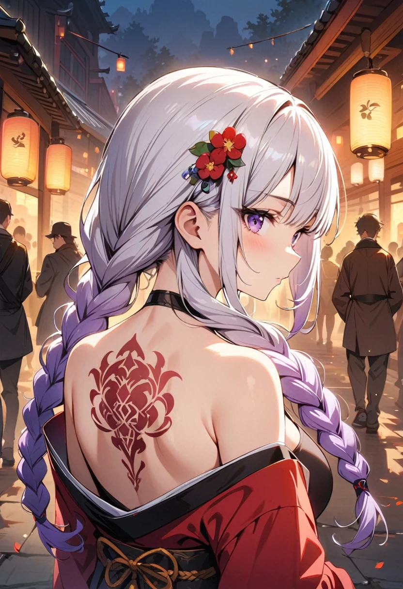 masterpiece, Top quality, best quality, Official Art, beautiful and aesthetic:1.2),1 Girl, yinji, purple hair, purple eyes, long hair, white hair, double braids, gradient hair, Tattoo, Solitary, Japanese clothes, Red and black kimono, Hair accessories, unsheathing, sheath, back Tattoo, dragon Tattoo, Off-shoulder, Bare shoulders, look back, From the back, flower, looking at the audience, Keep, cosmetic, outdoor,