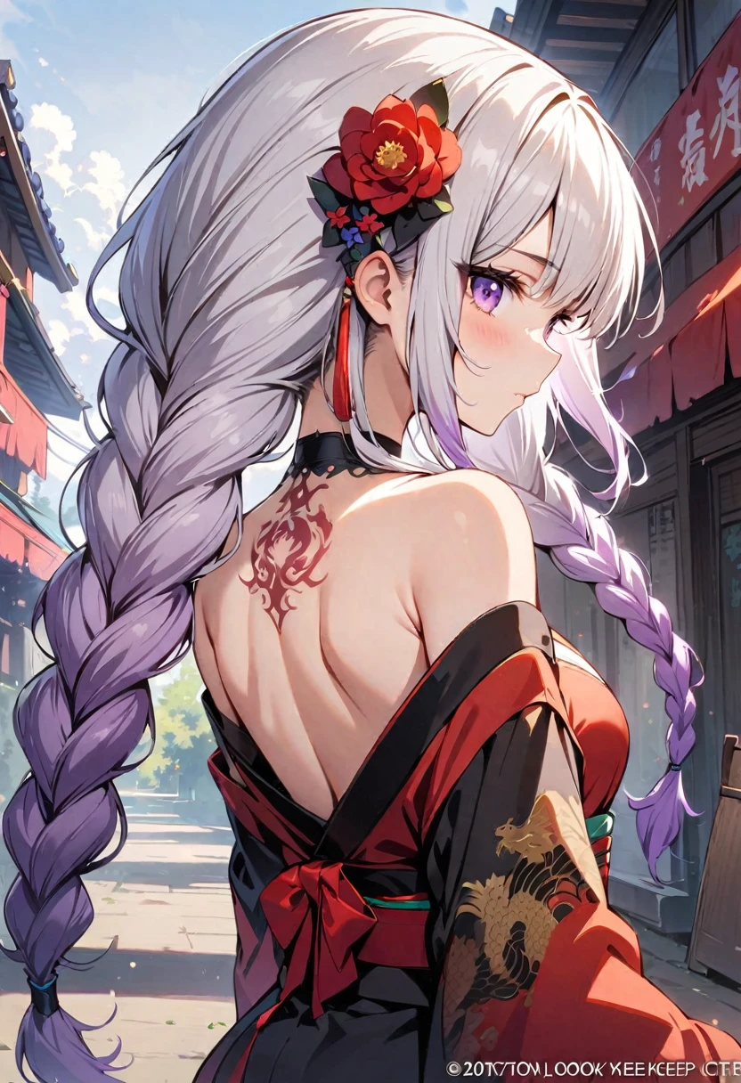 masterpiece, Top quality, best quality, Official Art, beautiful and aesthetic:1.2),1 Girl, yinji, purple hair, purple eyes, long hair, white hair, double braids, gradient hair, Tattoo, Solitary, Japanese clothes, Red and black kimono, Hair accessories, back Tattoo, dragon Tattoo, Off-shoulder, Bare shoulders, look back, From the back, flower, looking at the audience, Keep, cosmetic, outdoor,