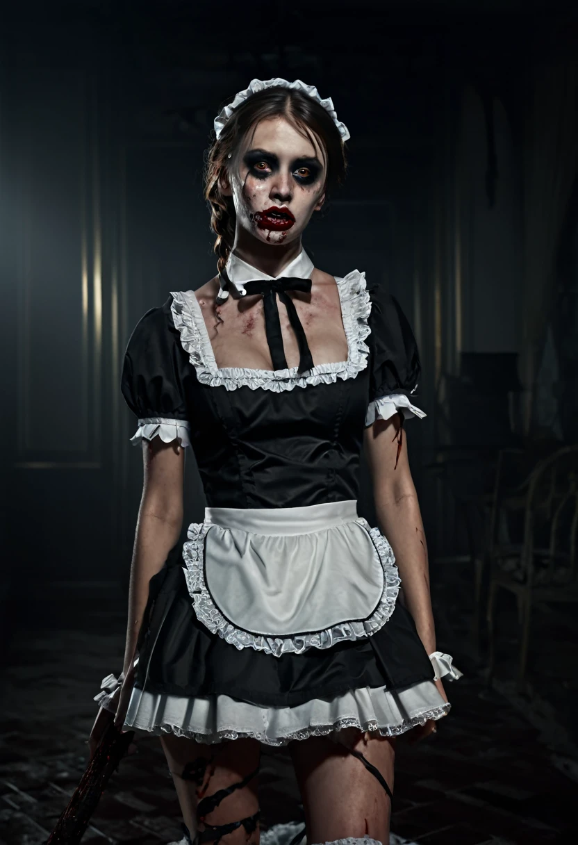 Full body shown. A zombie woman in a maid outfit, extremely detailed eyes and face, beautiful detailed lips, longeyelashes, detailed zombie skin texture, maid outfit with lace and ribbons, Halloween night, horror, dark and moody atmosphere, dramatic lighting, pale skin, sunken eyes, sharp teeth, dripping blood, brain, (best quality,4k,8k,highres,masterpiece:1.2),ultra-detailed,(realistic,photorealistic,photo-realistic:1.37),dark colors,deep shadows,cinematic,dramatic. Full body shon, show her from head to toe