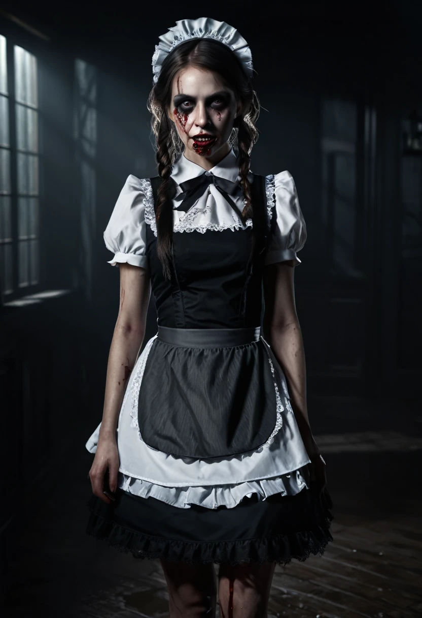 Full body shown. A zombie woman in a maid outfit, extremely detailed eyes and face, beautiful detailed lips, longeyelashes, detailed zombie skin texture, maid outfit with lace and ribbons, Halloween night, horror, dark and moody atmosphere, dramatic lighting, pale skin, sunken eyes, sharp teeth, dripping blood, brain, (best quality,4k,8k,highres,masterpiece:1.2),ultra-detailed,(realistic,photorealistic,photo-realistic:1.37),dark colors,deep shadows,cinematic,dramatic. Full body shon, show her from head to toe