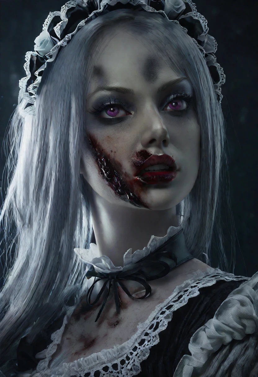 A zombie woman in a maid outfit, extremely detailed eyes and face, beautiful detailed lips, longeyelashes, detailed zombie skin texture, maid outfit with lace and ribbons, Halloween night, horror, dark and moody atmosphere, dramatic lighting, pale skin, sunken eyes, sharp teeth, dripping blood, brain, (best quality,4k,8k,highres,masterpiece:1.2),ultra-detailed,(realistic,photorealistic,photo-realistic:1.37),dark colors,deep shadows,cinematic,dramatic
