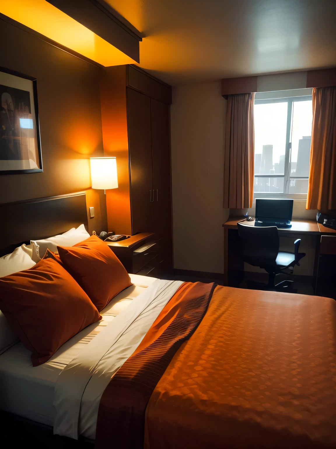 cyberpunk, hotel room, one bed, gloomy, orange tones, wide plan, realism, photos, high quality
