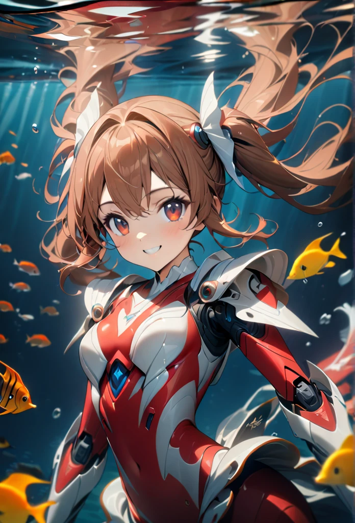 (1girl,high quality,high definition,8k,high precision,masterpiece:1.2,) redhead girl, twin tails, red eyes, red and white robot style barrette, red and white mermaid style robot armor, underwater, tropical fish, swimming gracefully, smiling