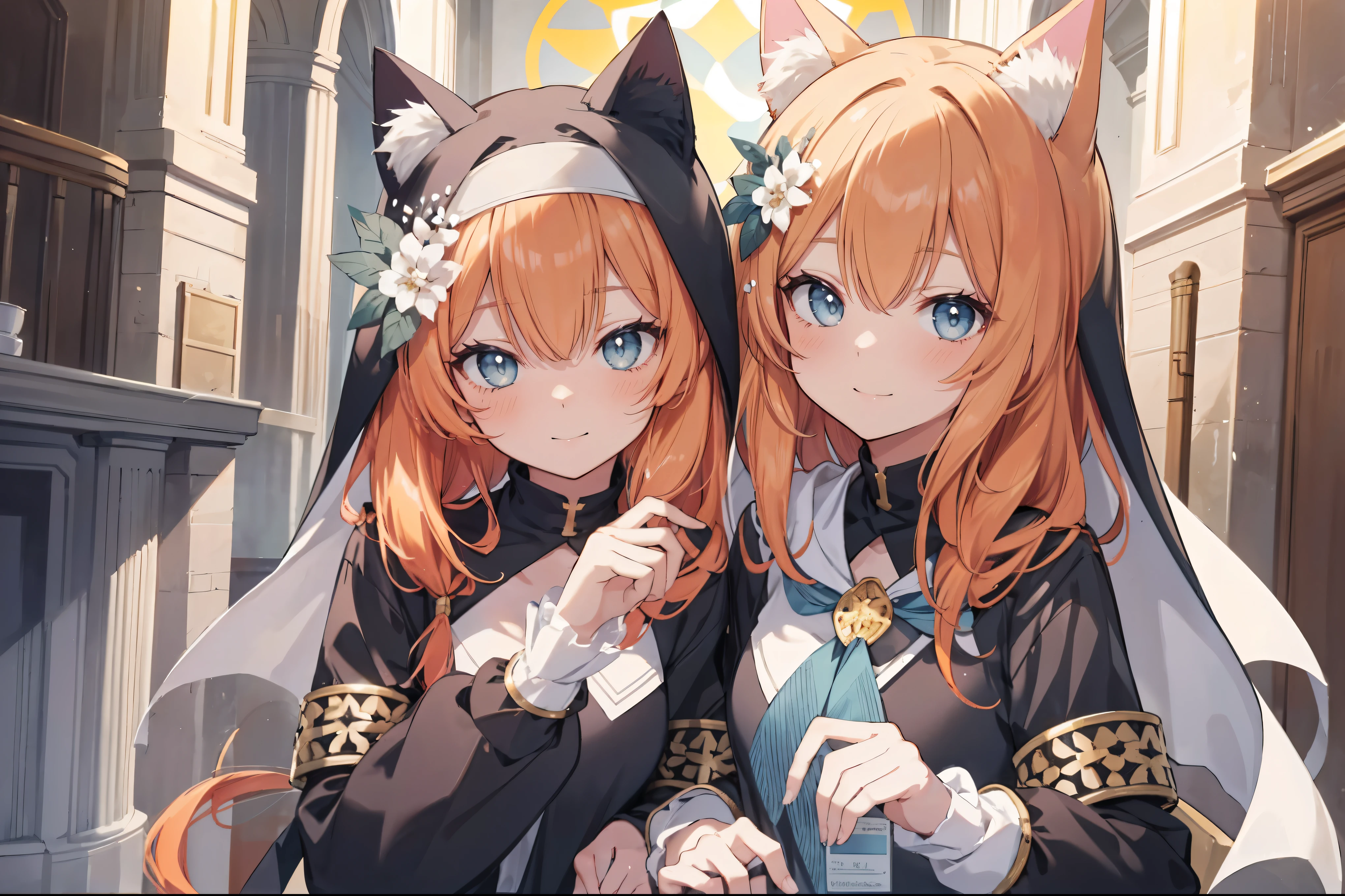 Marie、masterpiece、Best image quality、最high quality、Good looking girl (smile、blush, Perfect Face), independent , Looking into the camera, masterpiece, Anime art style, Cute Characters, Dynamic pose、Most detailed, high quality、Shiny Hair、Very fine and beautiful bright eyes、Very detailed, clear and beautiful face, Awards, Anatomically correct、Cat ear、Orange Hair、It must be detailed enough to be easily identifiable.、Lolita、Small breasts、uniform、Hooded、church