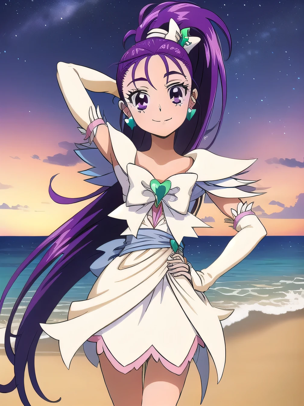 Cure Eret,1girl, long hair, purple hair, jewelry, earrings, white footwear, boots, magical girl, smile, dress, purple eyes, closed mouth, solo, (cowboy shot:1.5), night sky, beach, arm behind head, hand on hip, contrapposto, spread armpits, looking at viewer, best quality, smile,