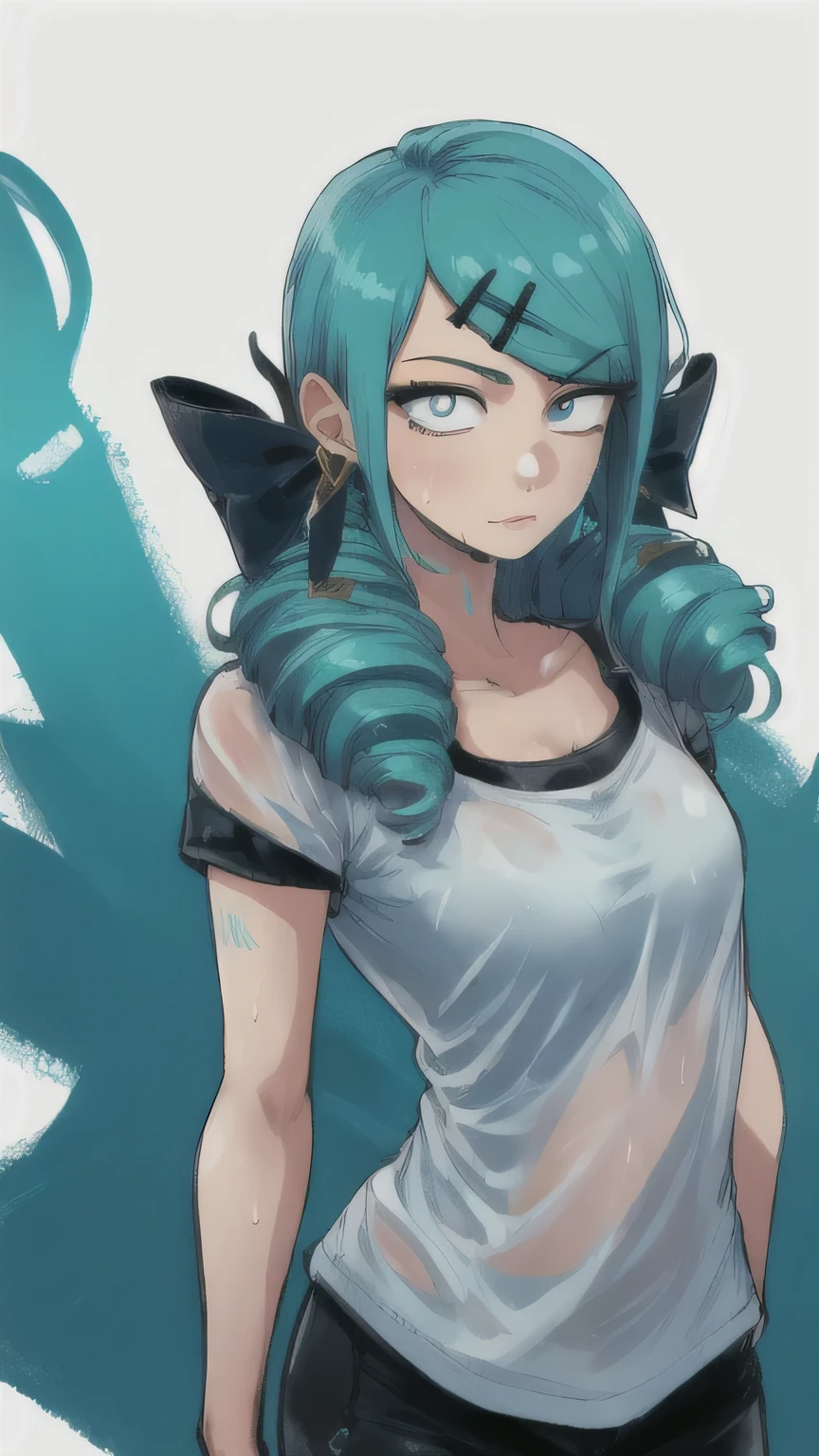 1 girl, Blue eyes, blue hair, Drill hair, gwen \(League of Legends\), in a white wet T-shirt, hair ornament, a high resolution, League of Legends, long hair, X, X hair ornament,