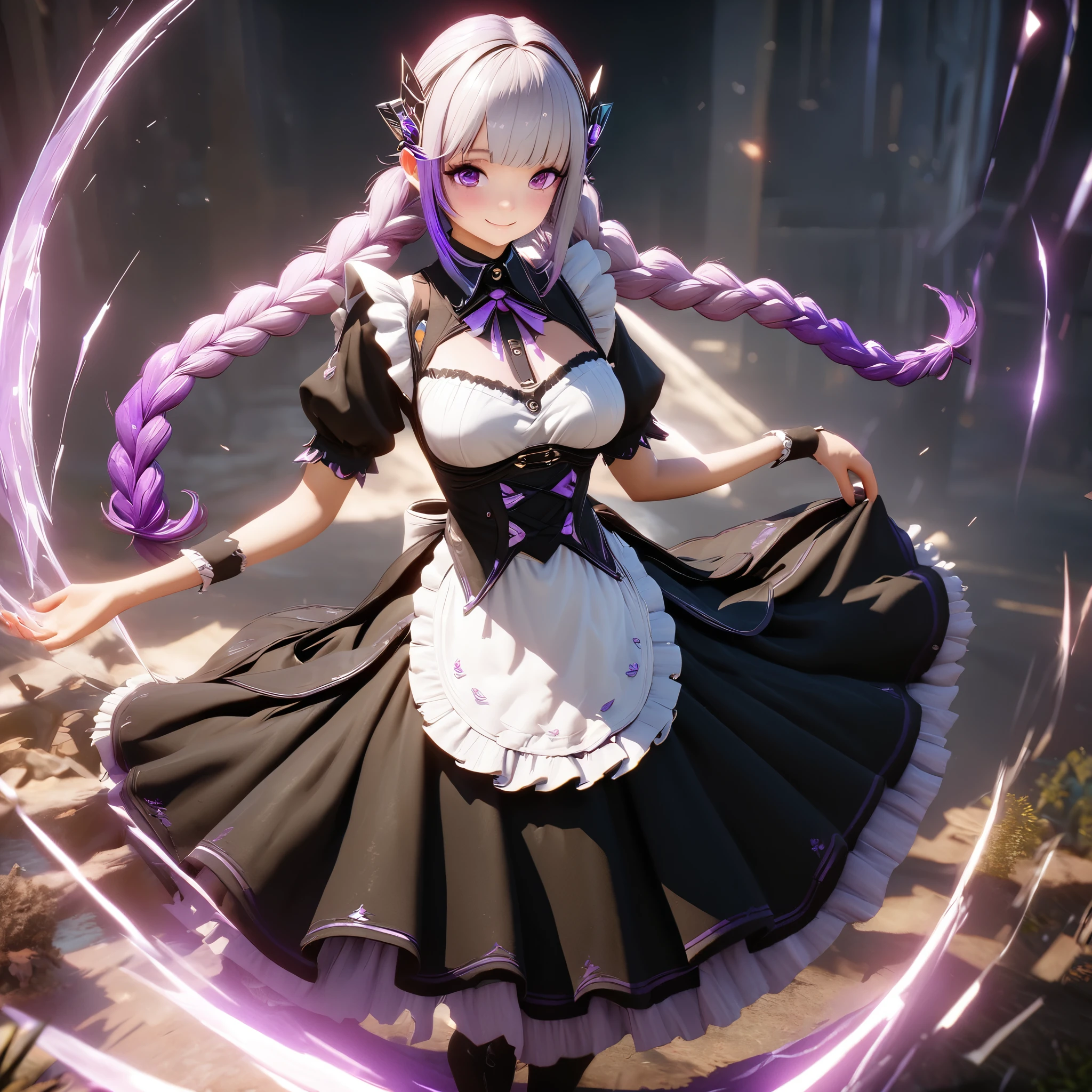 (masterpiece, best quality:1.2),  {1girl, Black and white metallic hair accessories，blue-purple gradient hair tips，purple hair，twin braids},maid outfit：2，fullbody，hand in hand，anatomical correct:2，,smile，high saturation, extremely hyper aesthetic intricate detailed, sharp focus, bewitching lighting, trending on artstation, cinematic lighting, unreal engine, octane render, HDR, Unreal Engine 5, Octane Render, Cinematic, 32k, Natural Lighting, Ray Tracing Global Illumination, Digitally Enhanced, PhotoReal, Hyperdetailed, VFX, High Fidelity, expressive, cinematic look, intricate details, insanely detailed, Photorealism,volumetric lighting