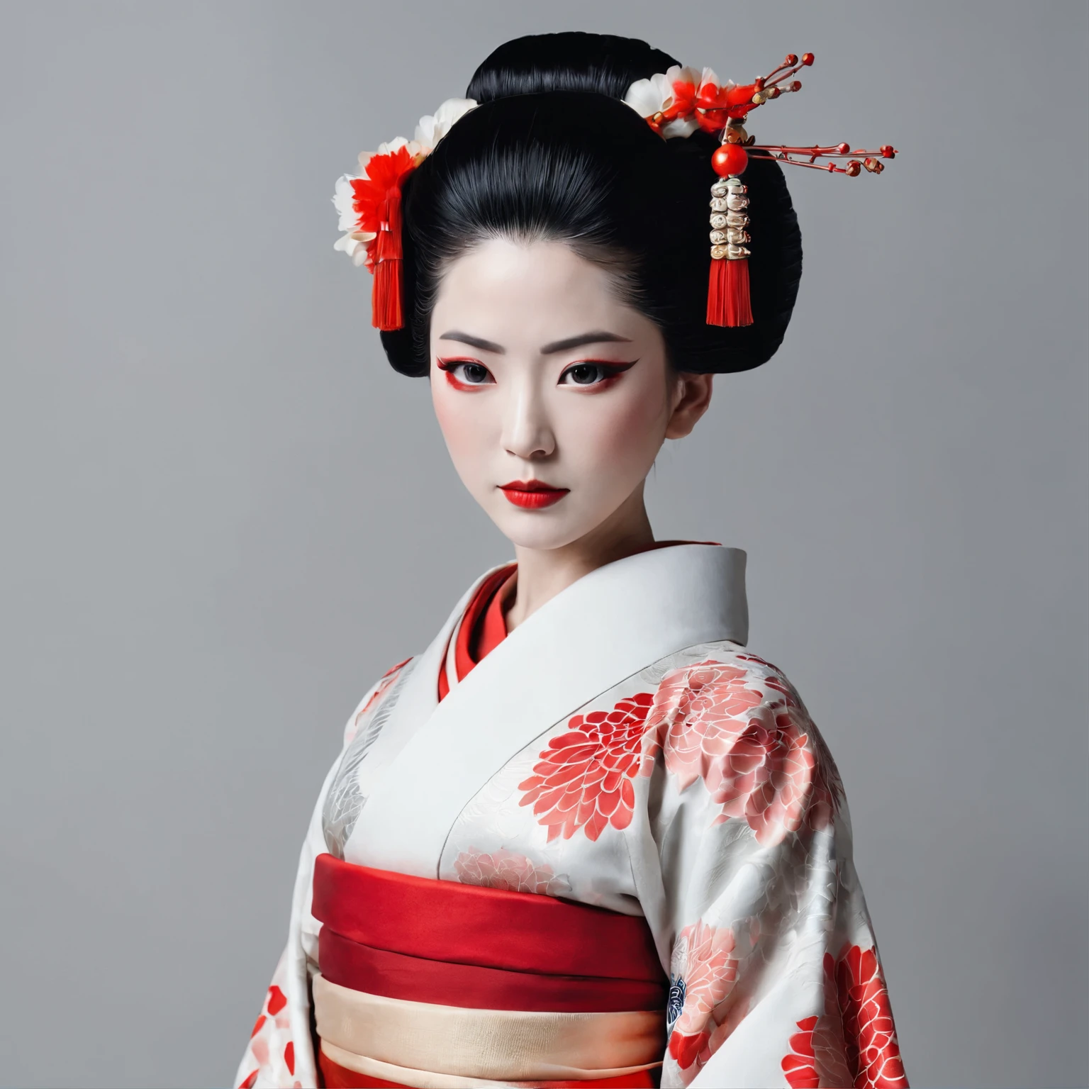 A gorgeously decorated maiko,She is a very elegant and beautiful 25-year-old woman.,Her Japanese hairstyle is lavishly decorated,Red and white traditional kimono