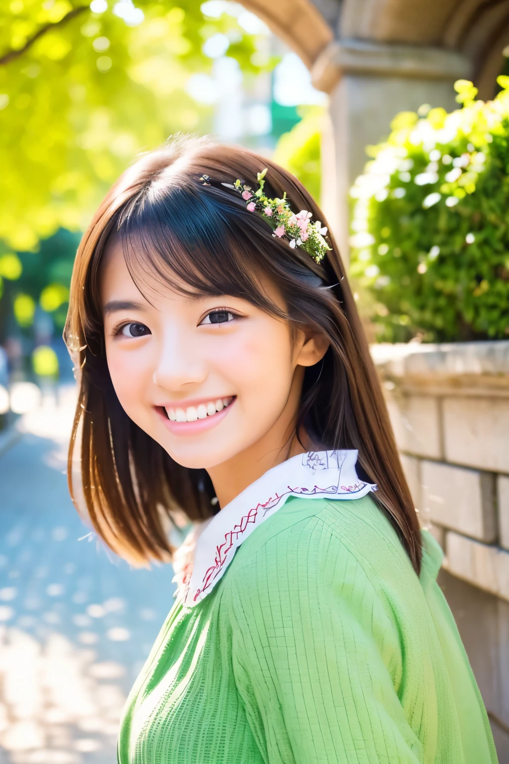 (highest quality,8k,Super detailed,masterpiece:1.2),pretty girl,One girl,blouse,fringe,smile,White teeth,Symmetrical eyes,In front of the university gate,Soft sunlight,Green tree々,Flowering shrubs,stone path,Clean and tidy environment,Vibrant colors,Peaceful atmosphere,classic architecture,Clear blue sky