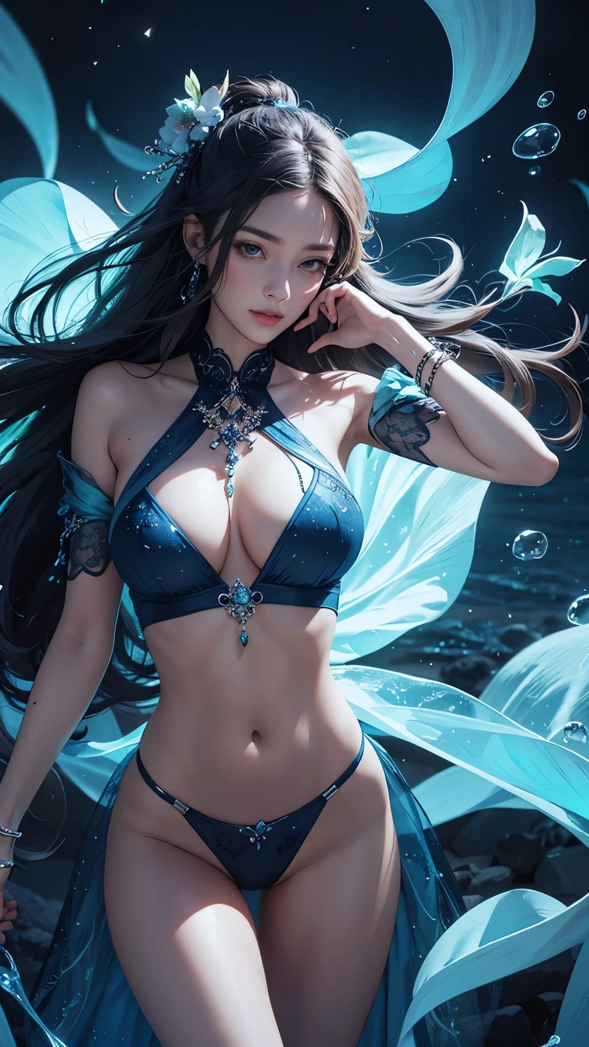 high quality, 8K Ultra HD, beautiful and sexy Bioluminescent woman with a slim figure medium teardrop breasts, beautiful flowing Bioluminescent flowers forming a beautiful woman, full depth of field and realistic textures