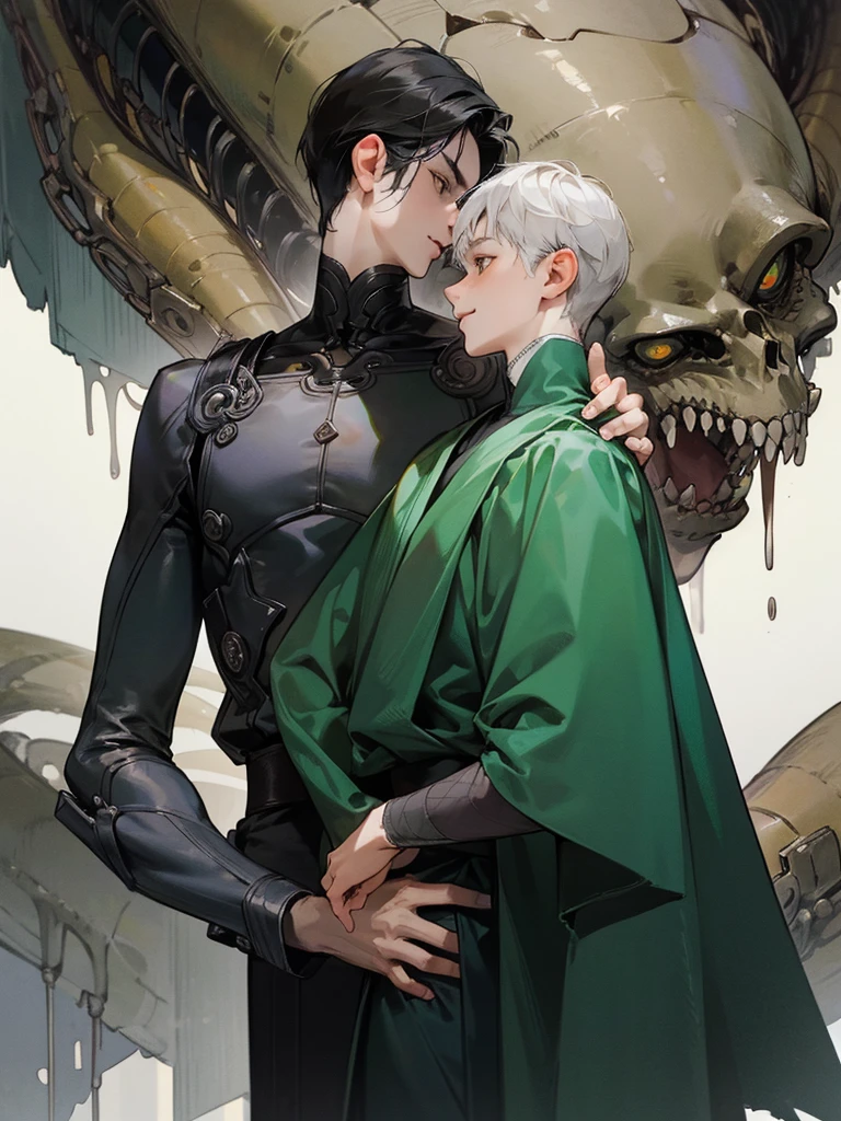 (((photographic, photo, photogenic))), extremely high quality high detail RAW color photo, Lovecraftian cybernetic horror, watercolor, otherworldly textures , high quality, detailed,
young man , 4K UHD, super detail, best quality, detailed eyes, masterpiece, 2 young men who smiles at each other with a love atmosphere ,one of them is 21years old and has a white straight short hair and green beautifull eyes this men smiles a sweet smile with quiet expression and beautiful smile and he wears a cute outfit,the second men is taller than the previous one and he is 27year and this men has acblack semi long haircut and yellow eyes and has a quiet expression face and he has a sharp eyes and wears a black clothes,high resolutions