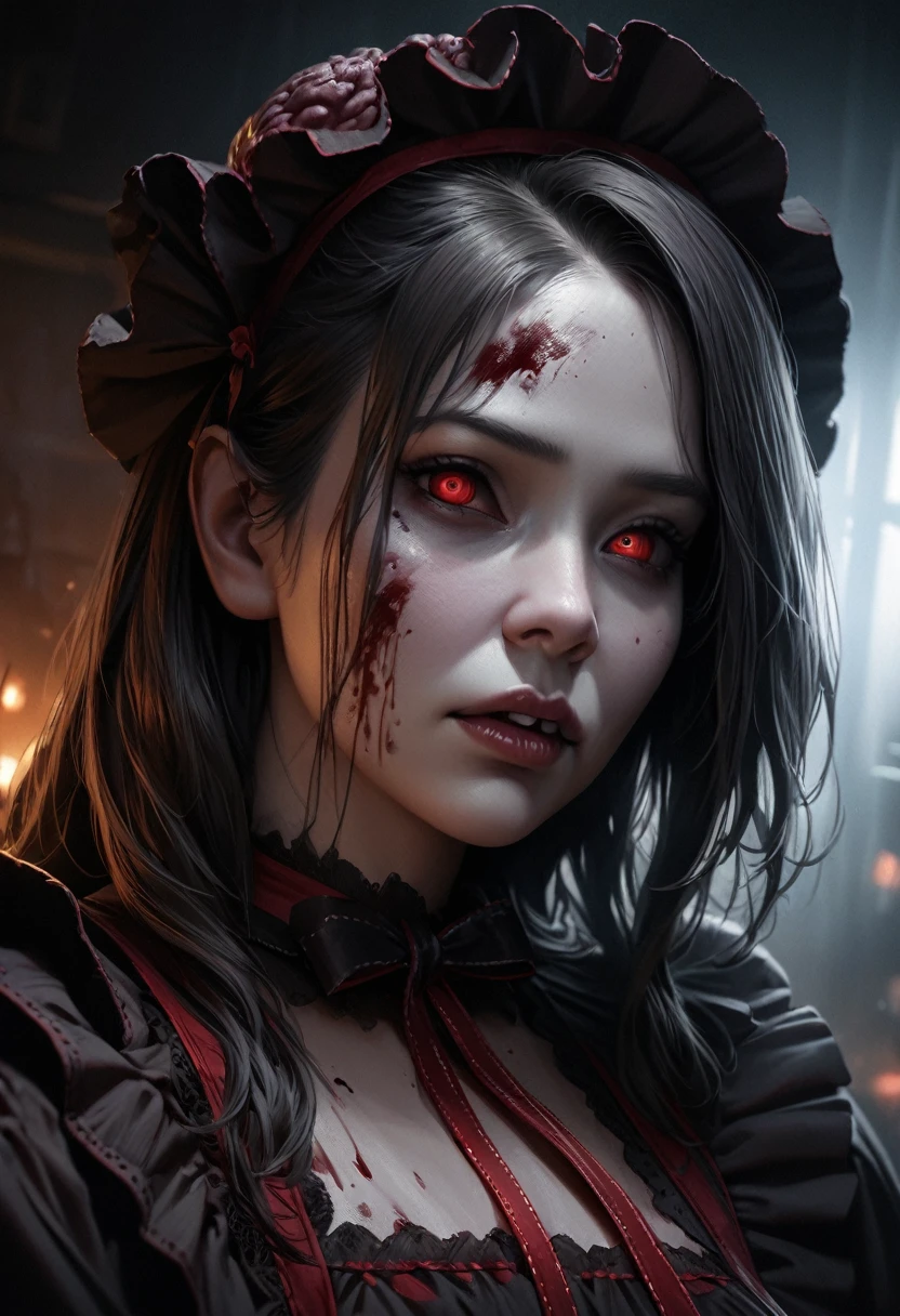 Full body shown. A zombie woman in a maid outfit, extremely detailed eyes and face, beautiful detailed lips, longeyelashes, detailed zombie skin texture, maid outfit with lace and ribbons, Halloween night, horror, dark and moody atmosphere, dramatic lighting, pale skin, sunken eyes, sharp teeth, dripping blood, brain, (best quality,4k,8k,highres,masterpiece:1.2),ultra-detailed,(realistic,photorealistic,photo-realistic:1.37),dark colors,deep shadows,cinematic,dramatic. Full body shon, show her from head to toe