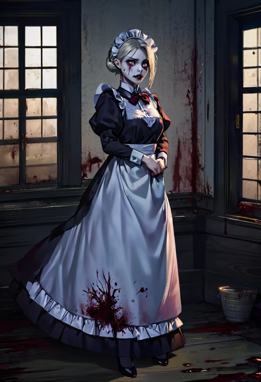 Full body shown. A zombie woman in a maid outfit, extremely detailed eyes and face, beautiful detailed lips, longeyelashes, detailed zombie skin texture, maid outfit with lace and ribbons, Halloween night, horror, dark and moody atmosphere, dramatic lighting, pale skin, sunken eyes, sharp teeth, dripping blood, brain, (best quality,4k,8k,highres,masterpiece:1.2),ultra-detailed,(realistic,photorealistic,photo-realistic:1.37),dark colors,deep shadows,cinematic,dramatic. Full body shon, show her from head to toe