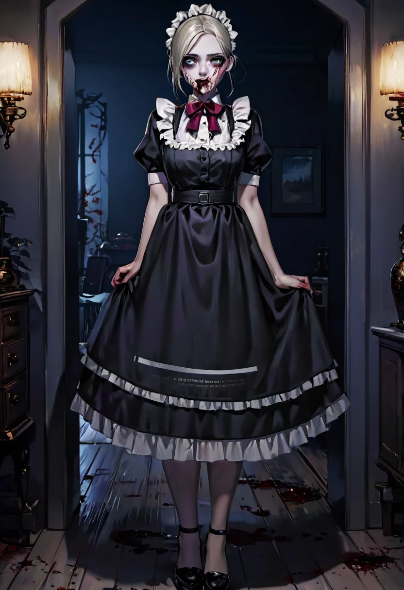 Full body shown. A zombie woman in a maid outfit, extremely detailed eyes and face, beautiful detailed lips, longeyelashes, detailed zombie skin texture, maid outfit with lace and ribbons, Halloween night, horror, dark and moody atmosphere, dramatic lighting, pale skin, sunken eyes, sharp teeth, dripping blood, brain, (best quality,4k,8k,highres,masterpiece:1.2),ultra-detailed,(realistic,photorealistic,photo-realistic:1.37),dark colors,deep shadows,cinematic,dramatic. Full body shon, show her from head to toe
