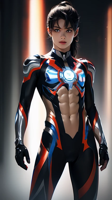 Ultraman, realistic, realistic, movie lights, young man in shiny red and silver suit, 15 years old, professional photo, skin exposed, Japanese model, Japanese CGI, sexy Ultraman suit, Power Rangers set, tight thin cyber suit, with elastic all over, delicate body, small butt, muscle, abs, lewd mark, groin tattoo, thin waist, exposed belly cyber suit on both sides skin tight, slanted eyes, sharp gaze, ponytail hair, facing forward, standing facing forward, glowing sphere embedded in chest, essay exam, blue sky background, Young beautiful boy, young handsome boy, Ultraman Boy personification, Ultraman-colored latex, Ultraman-colored rubber bodysuit, Ultraman color suit, Ultraman body suit, muscles, abs, mask off Ultraman Boy, Ultraman Boy without mask, Ultraman Boy suit, Ultraman Boy cosplay, Ultraman Boy costume, 15 year old boy's body, Ultraman Boy with face exposed, Ultraman without mask Boy, Ultraman without mask, medium-length hair, ponytail hair, color timer on chest, energy drain on chest, Ultraman Boy, boy's face, young boy with long hair, Ultraman Boy cosplayer, exposed face, 13 to 15 years old Boy, young boy's face, high definition, highest quality, best masterpiece, highest clarity, highest resolution, 8K, 16K, 32K, CG art, highest detail, Full body shot, full body view, Belly-baring Ultraman-colored bodysuit, belly-baring Ultraman-colored bodysuit, revealing bodysuit, lewd mark, crotch tattoo, abdominal muscle openwork bodysuit, abdominal muscle visible bodysuit,