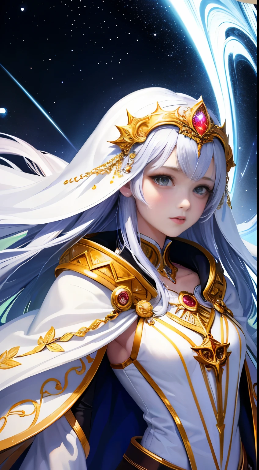 (masterpiece, highest quality, highest quality, Official Art, beautifully、aesthetic:1.2), (One girl), Very detailed, (Fractal Art:1.3), colorful, Most detailed, Perfect Face, Upper Body, High resolution, (pray:1.3), (White cloak, golden lines:1.2), Milky Way, (Streaks of Light), Impressive visuals, (Dynamic stripes, Light trail:1.2), Vibrant colors,