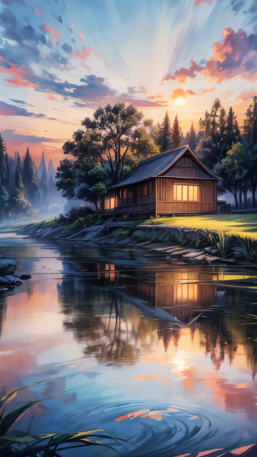 Impressionist watercolor landscape painting of a country house (Paddy field) , The setting sun creates a colorful canvas in the sky.、The glow of the surrounding trees々or reflected on the calm water surface。, residence of, Quiet river, sunset , vibrant sunsets, Rich natural environment, Twilight, Beautiful textures, luxuriant leaves, Gentle Harmony, Reflections in the water, Warm color palette, Wide range of brush strokes, Dreamy atmosphere, Gradient Sky, Soft lighting, Artistic impression