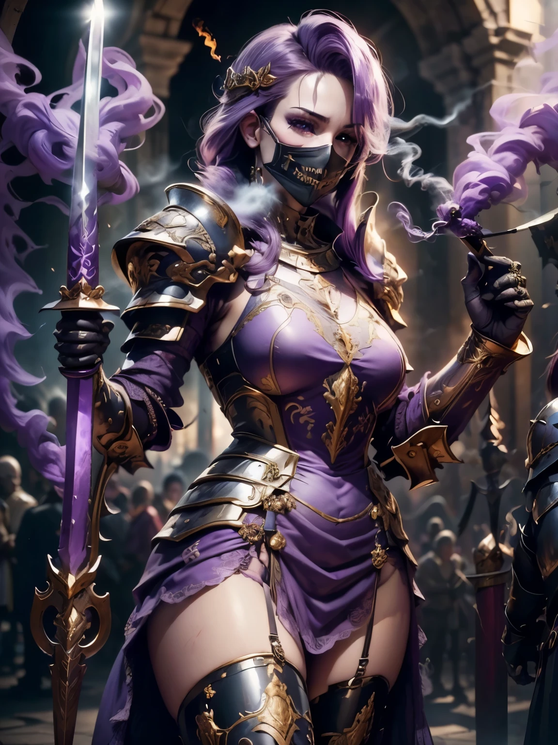 (Masterpiece, Superb Detail, Super Detailed, High Resolution), Male Focus, (((Female Armor))), (((Armor Purple Dress Set))), (((Skull Mask))), (She Has Long Purple Hair, Medium Breasts, Slim, perfect body, beautiful face), look at viewer, (((purple panty))), (((holding smoke-sword))), City Ruins, Background Details, Solo