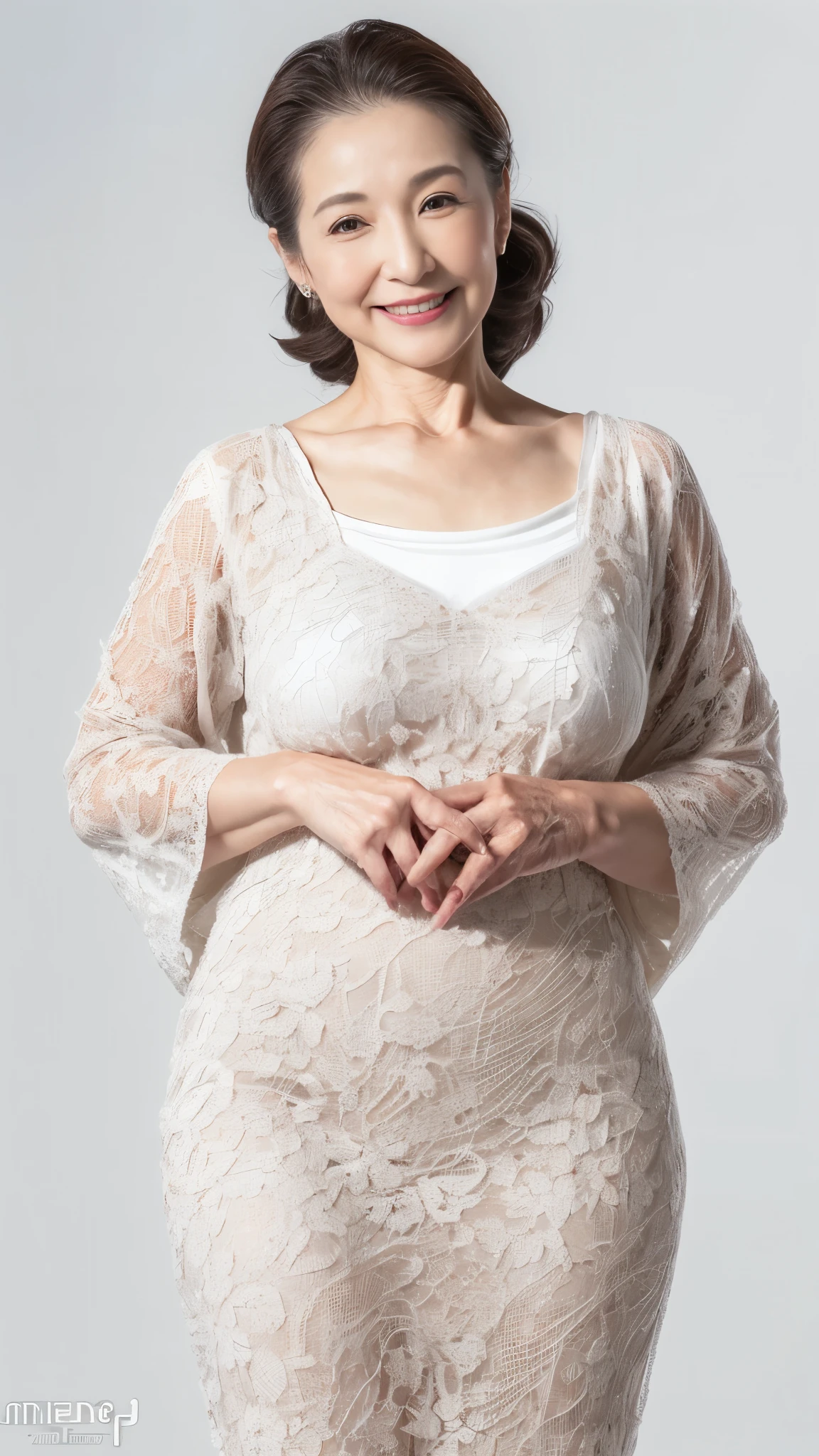 Mid-range close-up, Late Elderly, Perfect composition, ((Fractal Art)), (((masterpiece))), 8k, Clear images, (((alone))), (((Asian Beauty))), Pure white background, Gray Hair, Hands behind back, Refreshing early summer outfit, Alluring, ((Elderly)), Depict lips accurately,Red lips, Flashy makeup, (((alone))), (((Perfect Anatomy))), Depicting ears correctly, Pure white background, gravure, Upright posture, smile, ((Beautiful mature woman)), highest quality, Very detailed, Realistic, Very detailed細なスキン, (Madame), (The corners of the mouth are turned up), 100 years old, Huge breasts, Mature Politician, Glamour, sexy, Pure white skin, Comfortable clothing,