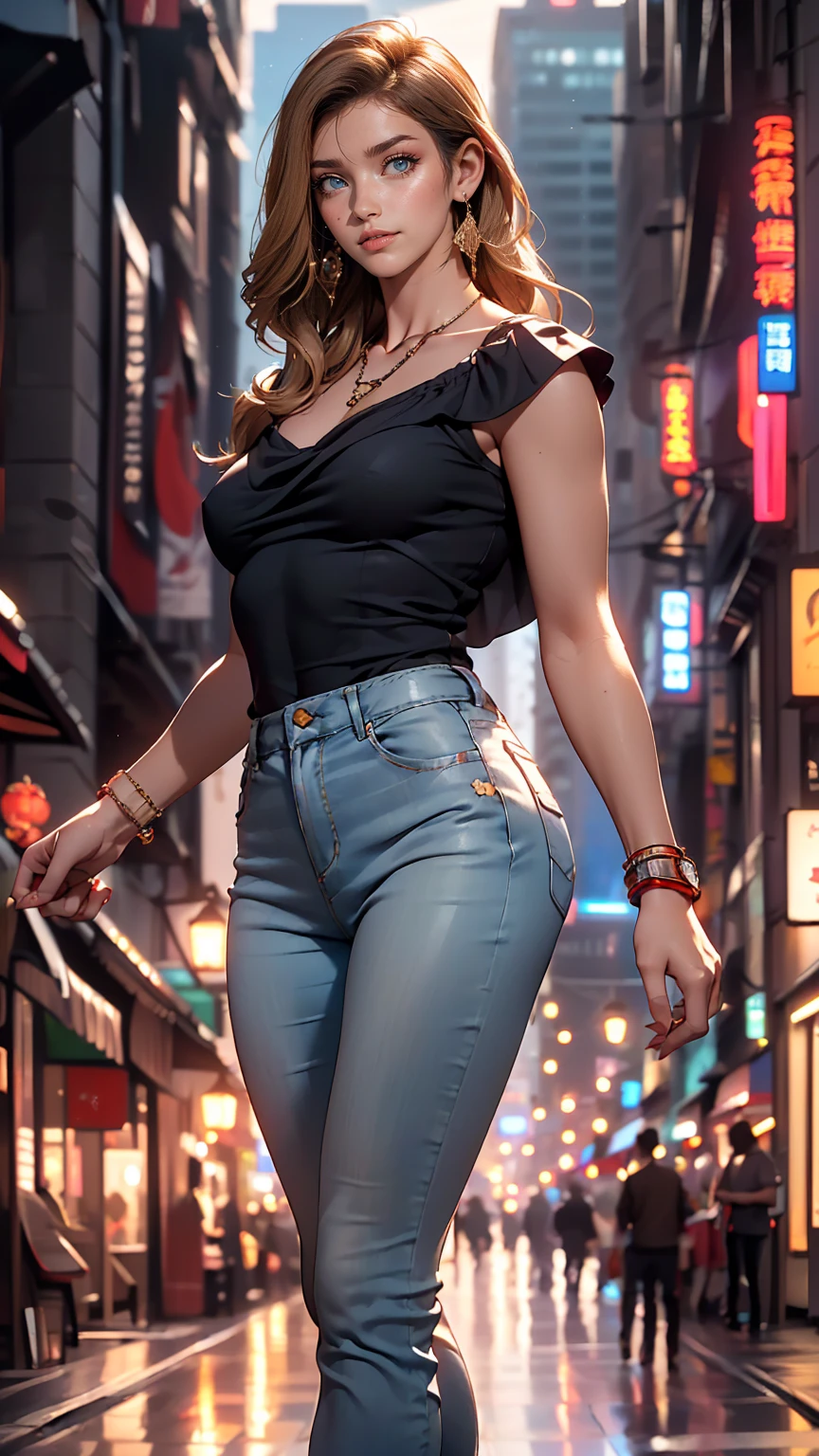 (8K, RAW Photos, highest quality, masterpiece:1.2), (Realistic, photo-Realistic:1.37)、Earrings, eyelash, pantyhose、セクシーな刺激的なsmile、 (Shiny skin:1.05)、Venus Body、Having her hair done、My chest is popping out、Wear accessories on your wrist、Wearing accessories on the ankle、Background blur((depth of field)、smile、23 year old white female、Brunette、long hair、blue eyes、Sheer draped neck((draped neck))Wear tops、Wear sheer, low-rise skinny jeans、Have a clutch bag、Skyscraper background、Chest pop、垂れ方がRealistic乳房