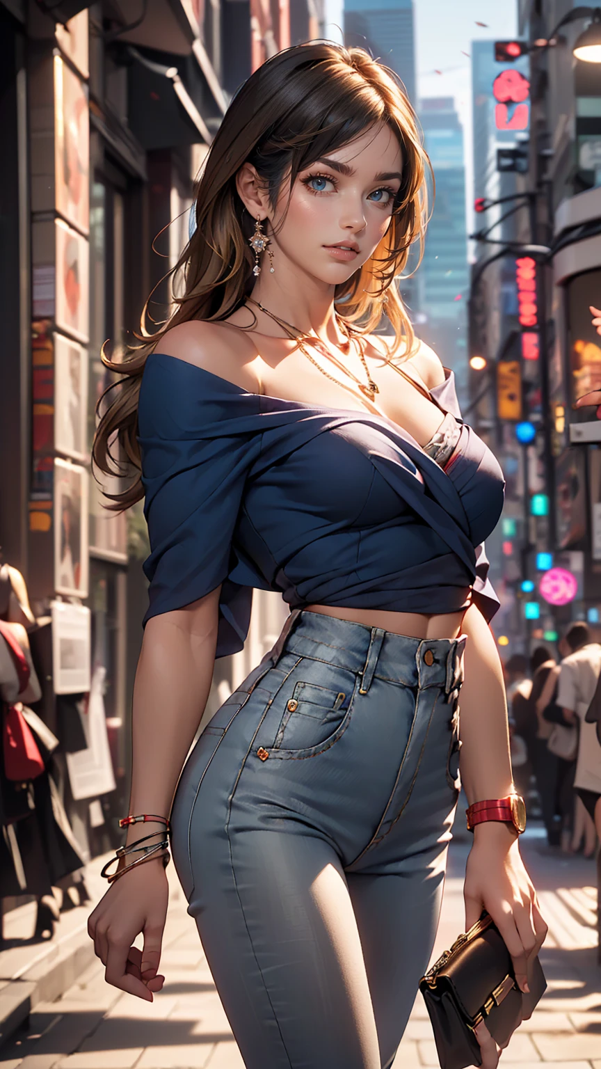 (8K, RAW Photos, highest quality, masterpiece:1.2), (Realistic, photo-Realistic:1.37)、Earrings, eyelash, pantyhose、セクシーな刺激的なsmile、 (Shiny skin:1.05)、Venus Body、Having her hair done、My chest is popping out、Wear accessories on your wrist、Wearing accessories on the ankle、Background blur((depth of field)、smile、23 year old white female、Brunette、long hair、blue eyes、Sheer draped neck((draped neck))Wear tops、Wear sheer, low-rise skinny jeans、Have a clutch bag、Skyscraper background、Chest pop、垂れ方がRealistic乳房