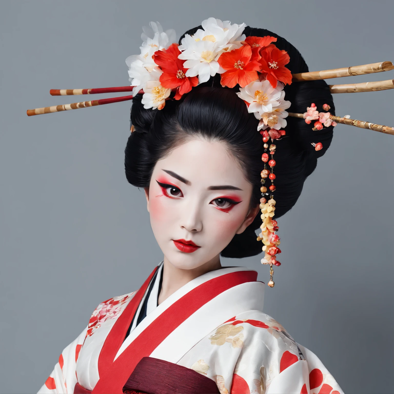 A gorgeously decorated maiko,She is a very elegant and beautiful 25-year-old woman.,Her Japanese hairstyle is lavishly decorated,Red and white traditional kimono
