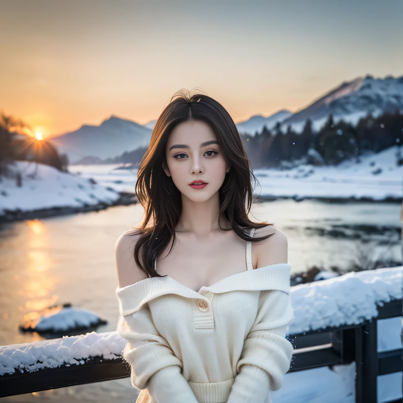 ((Top quality、8K、masterpiece:1.3))、Very pretty beautiful girl,full-body shot,Huge breasts,Breast enlargement,amazing breast size,G cup。Wear big earrings,The skin is so white,Hydrating red lips,Very thin waist,Thighs are very thin,Big Ass,Fair and smooth skin,Smooth and fair skin,flawless skin,Fair and shiny skin,Cool white skin,The camera focuses on the chest,Bright Light,White sweater,Lower body exposed,Bare shoulders,Light Blonde Hair,Hair is light blonde,Snow covered the ground,Snow Mountain,Sunset,lake
