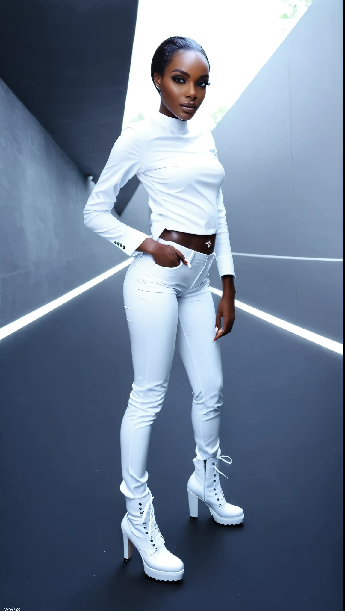 A long-legged black model who looks good in white