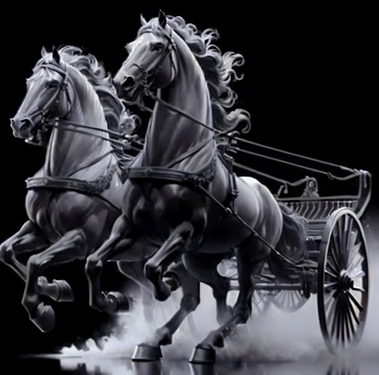 Black horses are pulling a carriage, chariot, with horse driven, fine art piece, majestic horses, Nyx, underworld, darkness, black smoke, horses from hell, carriages with horses, gorgeous art, riding on a prancing horse, horses, carriage, artistic 4 k, artistic illustration, ilustration, hades, Greek mythology, Roman mythology,