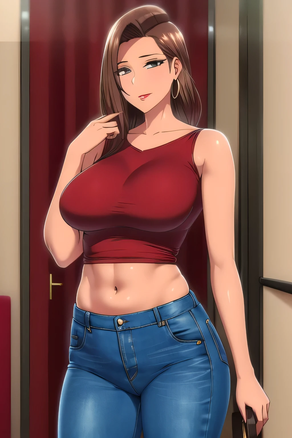  A tall sexy sensual beautiful woman with big breasts, short brown hair, tousled cut, her brown eye, red lip, wears a short yellow blouse top, shows her navel and blue jeans, black shoes. 