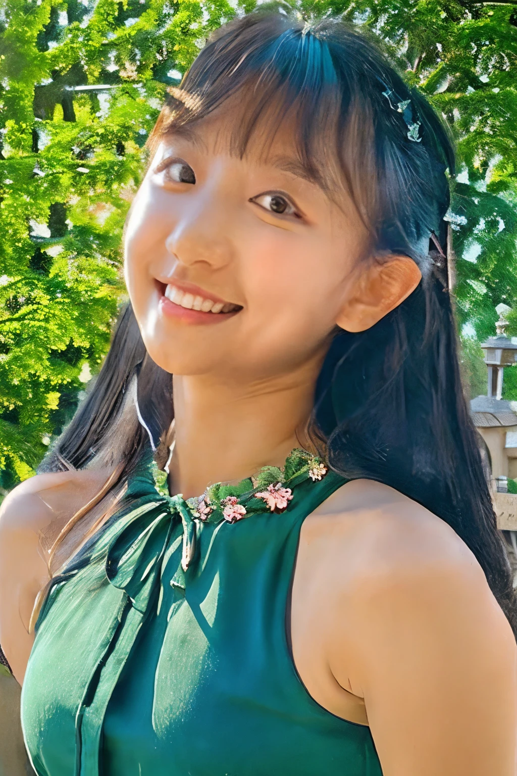 (highest quality,8k,Super detailed,masterpiece:1.2),pretty girl,One girl,blouse,fringe,smile,White teeth,Symmetrical eyes,In front of the university gate,Soft sunlight,Green tree々,Flowering shrubs,stone path,Clean and tidy environment,Vibrant colors,Peaceful atmosphere,classic architecture,Clear blue sky