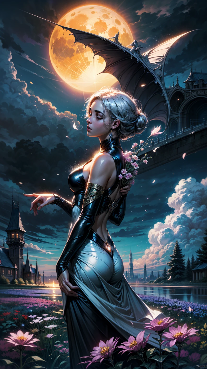 cosmic canvas, Metropolis-themed, urban, cityscape, skyscrapers, modern, futuristic, highly detailed,, full body low-angle, cute  paladin woman, young, 18 yo, platinum_blonde, twin_braids, busty, gorgeous body, ritual tattoos, looking_at_viewer, painting byBarbara Hepworth  and Gustaf Tenggren and Floris Jespersart style, soft colors, (high quality, masterpiece:1.3), atmospheric, High resolution, thematic_background,  <lora:add-detail-xl:1>  <lora:Cosmic_Canvas_SDXL:1>