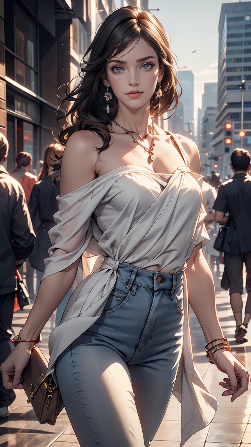 (8K, RAW Photos, highest quality, masterpiece:1.2), (Realistic, photo-Realistic:1.37)、Earrings, eyelash, pantyhose、セクシーな刺激的なsmile、 (Shiny skin:1.05)、Venus Body、Having her hair done、My chest is popping out、Wear accessories on your wrist、Wearing accessories on the ankle、Background blur((depth of field)、smile、23 year old white female、Brunette、long hair、blue eyes、Sheer draped neck((draped neck))Wear tops、Wear sheer, low-rise skinny jeans、Have a clutch bag、Skyscraper background、Chest pop、垂れ方がRealistic乳房