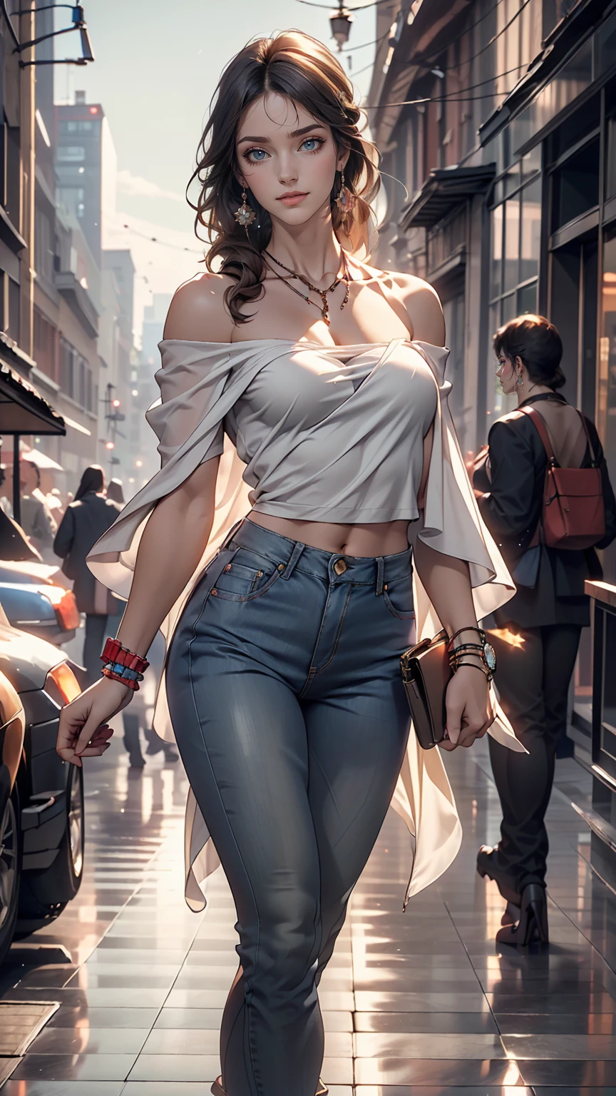 (8K, RAW Photos, highest quality, masterpiece:1.2), (Realistic, photo-Realistic:1.37)、Earrings, eyelash, pantyhose、セクシーな刺激的なsmile、 (Shiny skin:1.05)、Venus Body、Having her hair done、My chest is popping out、Wear accessories on your wrist、Wearing accessories on the ankle、Background blur((depth of field)、smile、23 year old white female、Brunette、long hair、blue eyes、Sheer draped neck((draped neck))Wear tops、Wear sheer, low-rise skinny jeans、Have a clutch bag、Skyscraper background、Chest pop、垂れ方がRealistic乳房