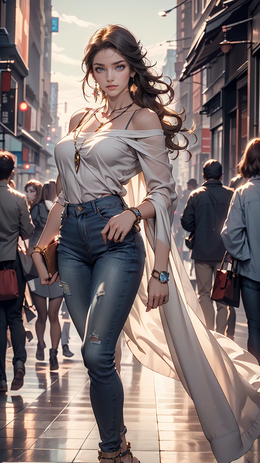 (8K, RAW Photos, highest quality, masterpiece:1.2), (Realistic, photo-Realistic:1.37)、Earrings, eyelash, pantyhose、セクシーな刺激的なsmile、 (Shiny skin:1.05)、Venus Body、Having her hair done、My chest is popping out、Wear accessories on your wrist、Wearing accessories on the ankle、Background blur((depth of field)、smile、23 year old white female、Brunette、long hair、blue eyes、Sheer draped neck((draped neck))Wear tops、Wear sheer, low-rise skinny jeans、Have a clutch bag、Skyscraper background、Chest pop、垂れ方がRealistic乳房