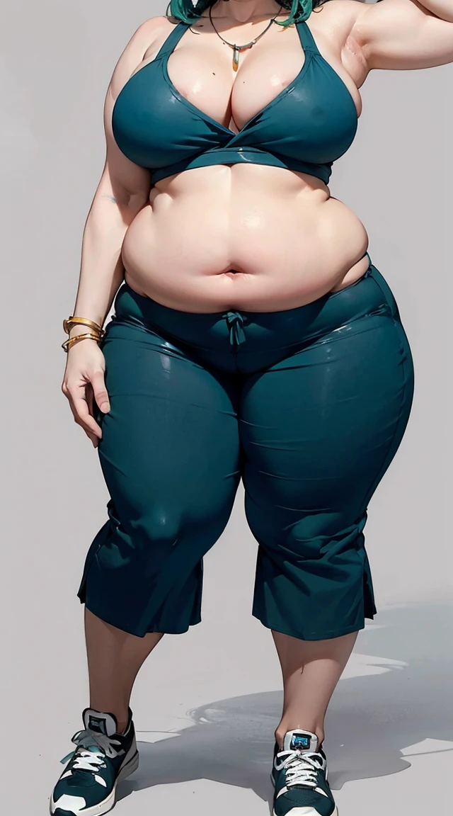 photorealistic, high resolution, soft light,1women, solo, wide hips, (detailed face),tattoo, jewelry, , , blue and green hair Color , (closeup), wide angle,, (busty), armpit , Slightly fat belly, large breasts, full body angle, 40 years old woman , thick thighs , thick arms , standing in dark rooms, short pants, wearing a three bracelet, wearing two diamond necklace , wearing a watch, wearing airmax shoes , japanese goddess, wavyshort hairstyle, fat belly, thick fat belly, thick wide hips, thick arm, bbwchan, massive arm, full body,