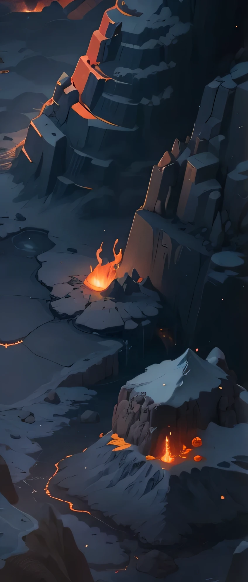 Volcano scene，There is a long lava stream in the middle.，Vertical Image，Cartoon，Isometric 2D Game Art， masterpiece， Super detailed good quality