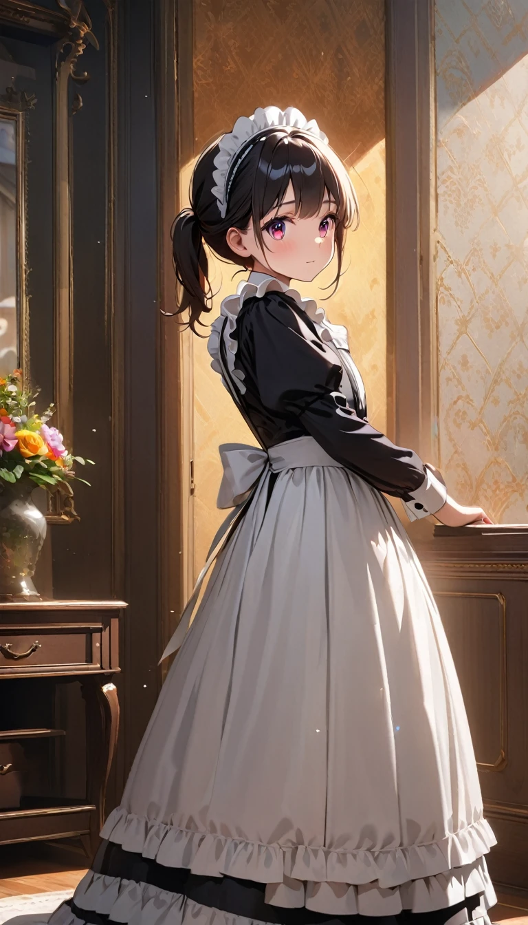 female\(cute,small kid,age of 10,cosmic eyes,victorian maid,black long dress,full body,turn around,skirt\(spreads,flutters\)\), BREAK ,background\(inside,victorian style room,glorious,colorful,cute\), BREAK ,quality\(8k,wallpaper of extremely detailed CG unit, ​masterpiece,hight resolution,top-quality,top-quality real texture skin,hyper realisitic,increase the resolution,RAW photos,best qualtiy,highly detailed,the wallpaper,cinematic lighting,ray trace,golden ratio\),((close up maid dress))