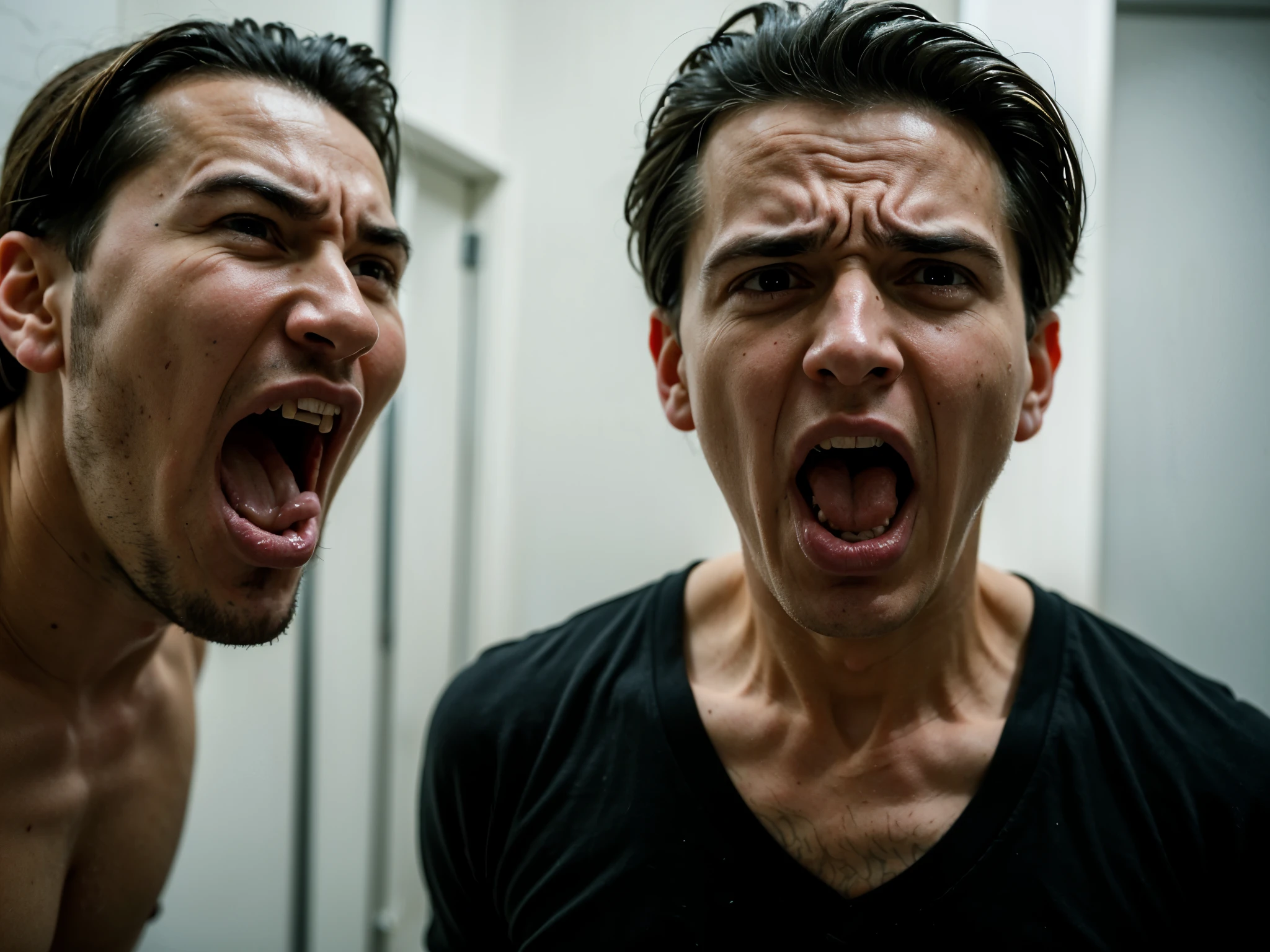 A man screams и грустит, A man screams, shocked expression, scared man, he is screaming, Portrait of a frightened man&#39;face, mad A man screams, disappointed expression on hiface, expression of horror, Someone's screaming, People are in a panic, tense screaming facial expression, shutterstock, Испуганное face, (close-up, editorial photograph of [[(eyes of a mentally ill, insane psychopath. the anguish reflected in eyes), (masterpiece:1.2), wide angle photo]], (background inside dark, moody, private study:1.3), 