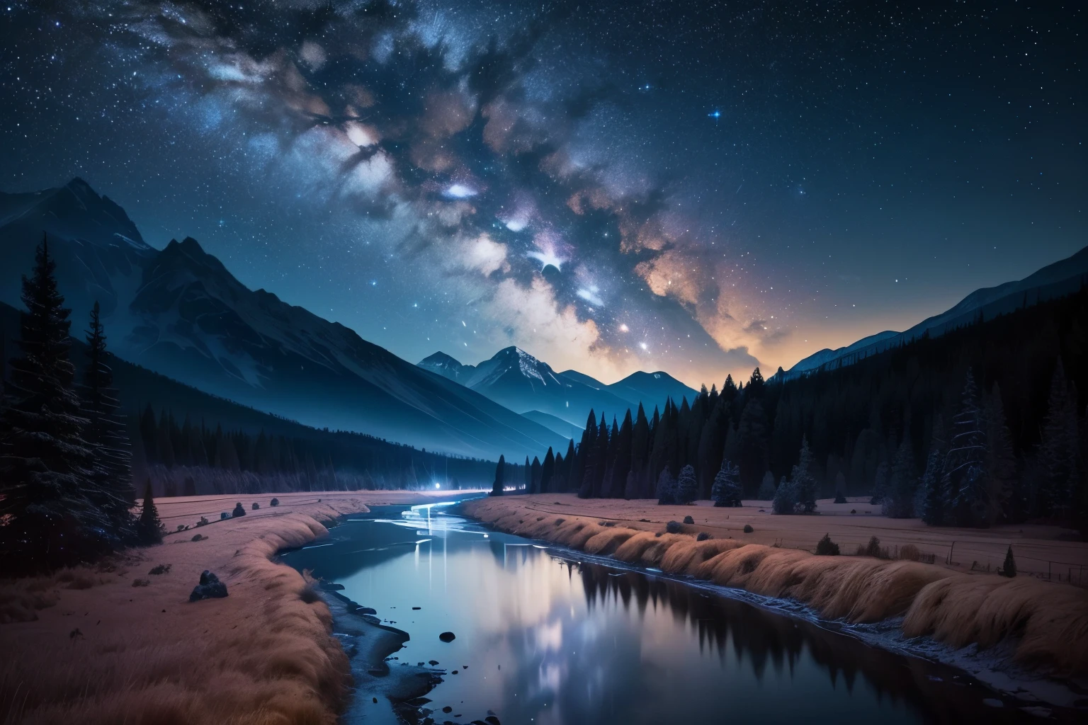 sharp photo
The night sky is full of sparkling stars and has the Milky Way and stars passing through.
Below there is a flowing river reflected from the sky.
there are mountains, high mountains, trees, darkness.