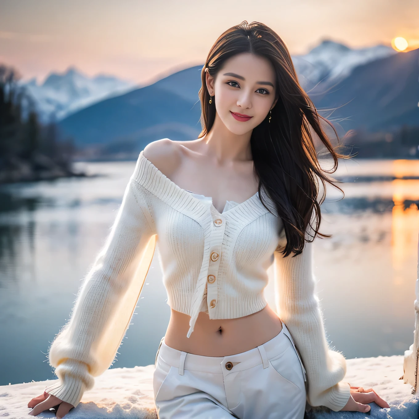 ((Top quality、8K、masterpiece:1.3))、Very pretty beautiful girl,full-body shot,Huge breasts,Breast enlargement,amazing breast size,G cup。Wear big earrings,The skin is so white,Hydrating red lips,Very thin waist,Thighs are very thin,Big Ass,Fair and smooth skin,Smooth and fair skin,flawless skin,Fair and shiny skin,Cool white skin,The camera focuses on the chest,Bright Light,White sweater,Lower body exposed,Bare shoulders,Light Blonde Hair,Hair is light blonde,Snow covered the ground,Snow Mountain,Sunset,lake,Smiling,Gentle,Lovely