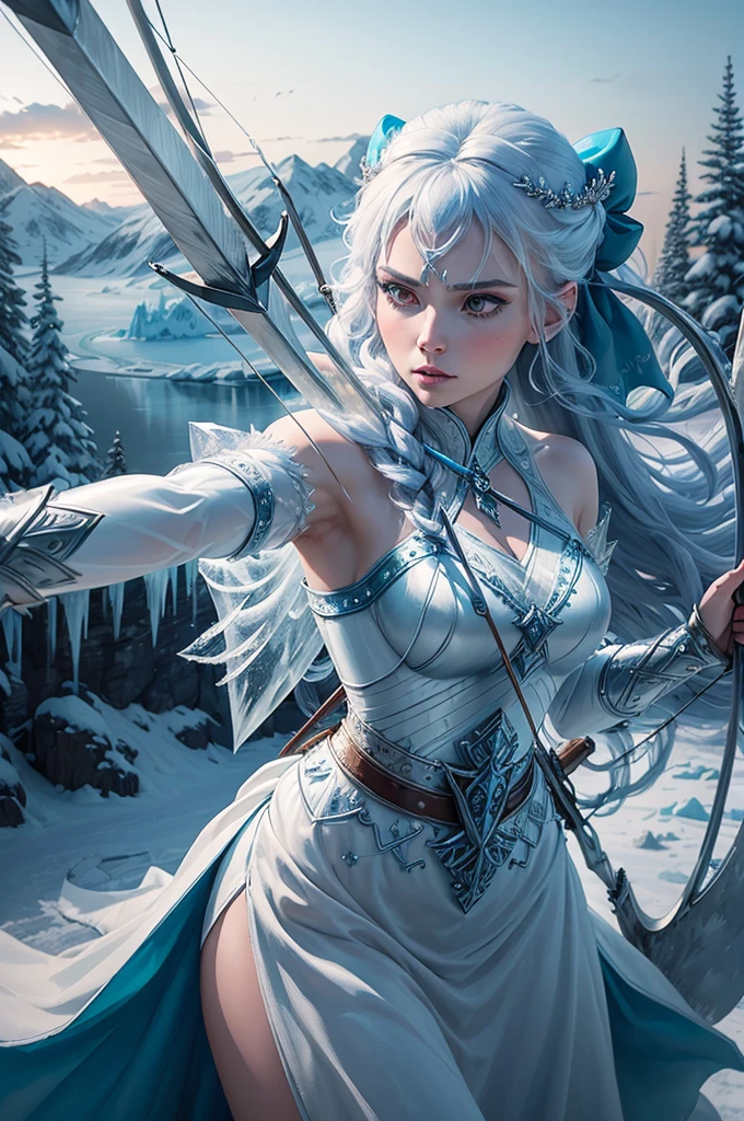 (((ice woman with bow and arrow))) best quality, very high resolution, detailed CG in 4K, masterpiece, Norse mythology, Skadi woman, Jotunn, trees in the background, Scandinavia, standing pose, Norse clothing, northern city, snow, ((bow and arrow)), aesthetics, beautiful image, centered on the screen, standing pose