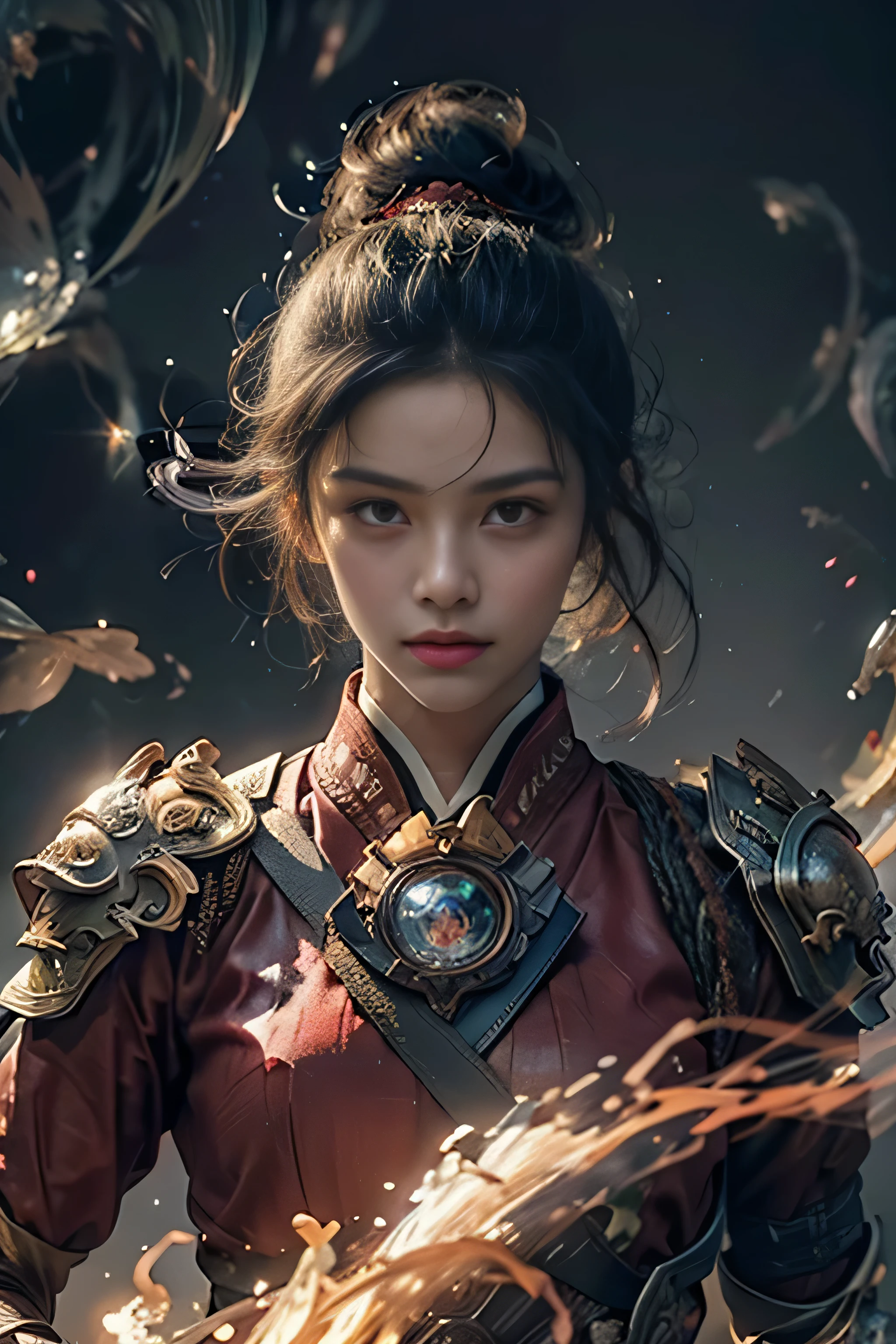 tmasterpiece，16k，high high quality，artwork of a，Martial soul，1 girl，red theme，smog，floating weapons，Bright lights，Bright background，sweety face，delicated face，Vivid textures，Photos taken with Sony camera，Cinematic lighting，full bodyesbian, close view, look at the viewer
 