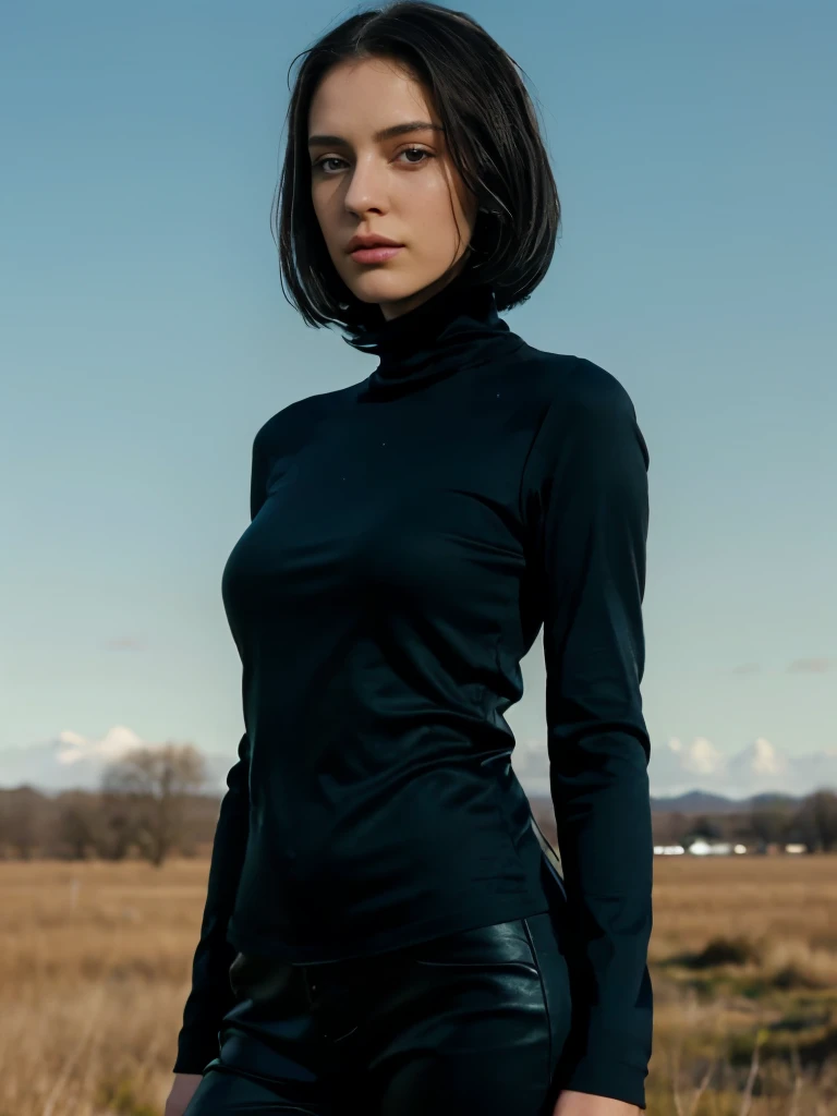 Best quality at best,tmasterpiece,ultra high resolution,(realness:1.4),RAW photogr,Cinematic texture,1 cool girl,Tall and tall,Dressed in turtleneck, standing in the plain background,looks into camera,fashion photoshoot, black bob hair, gorgeous eyes