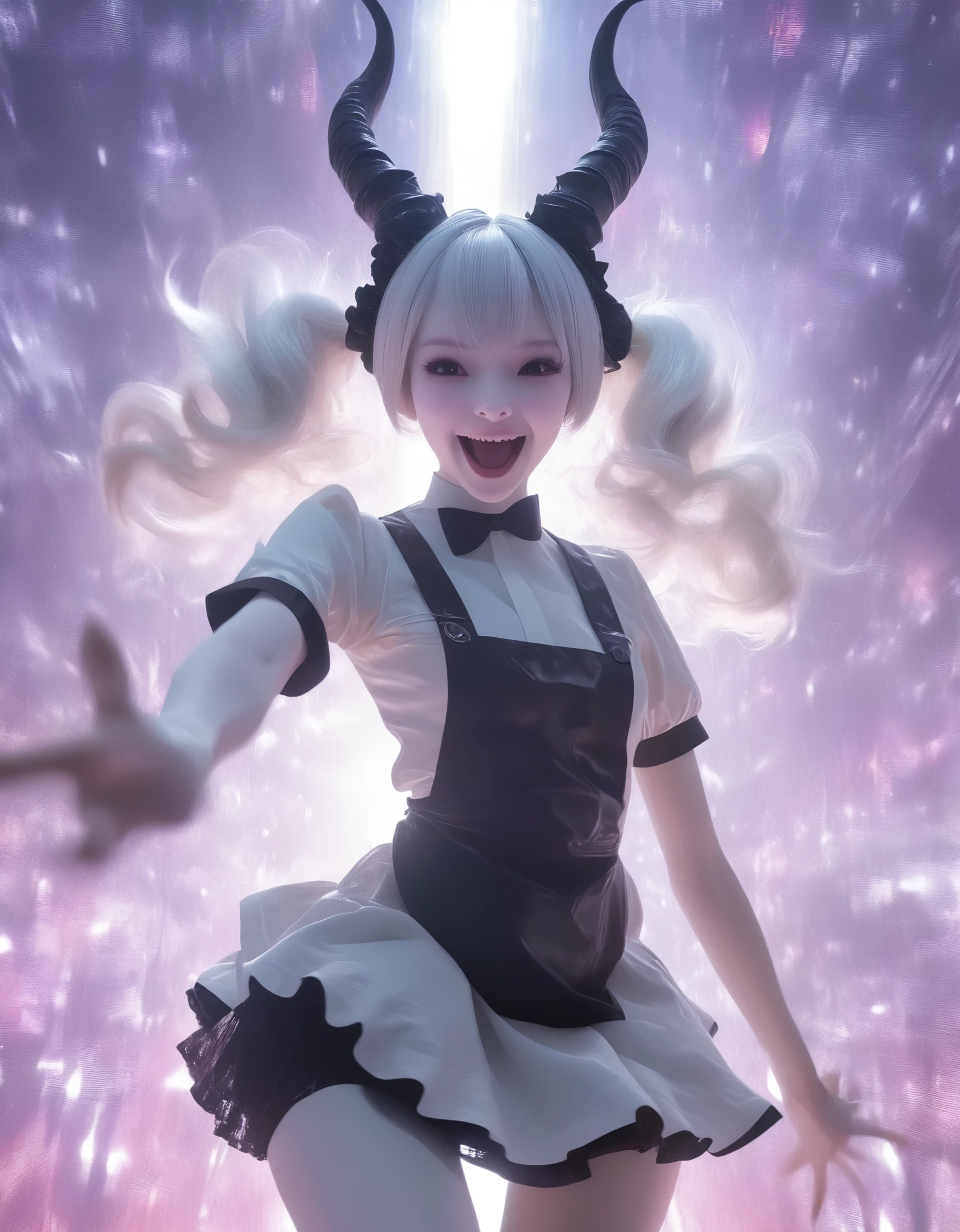 solo，universe concert background,  galaxy lighting，a  very pale white  skin demon girl Idol  with black horns, (pitch black eyes:1),( wearing maid outfit:1.2) , ( black gradient arms and legs:1.2) , white hair , well lit  , very skinny,    