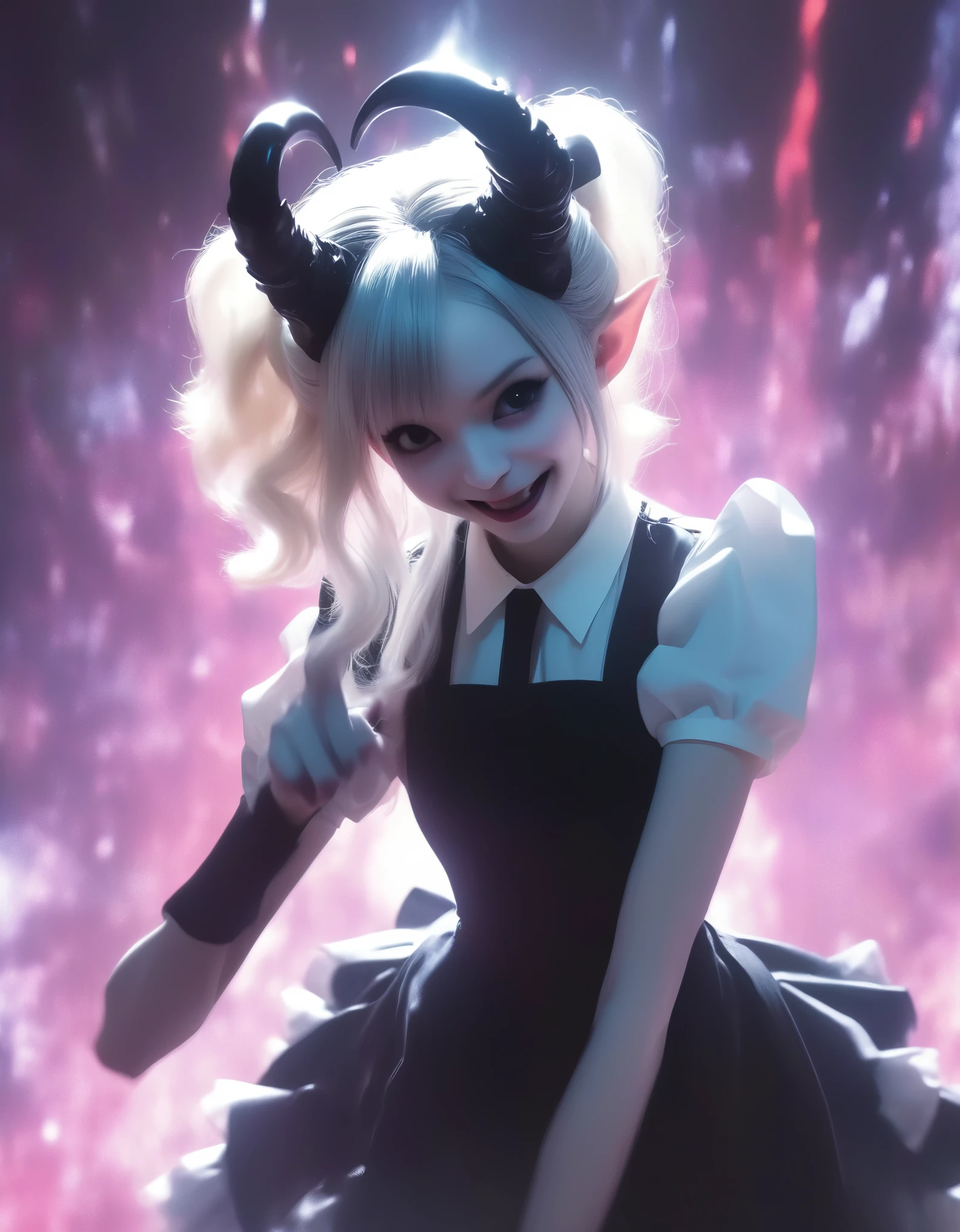 solo，universe concert background,  galaxy lighting，a  very pale white  skin demon girl Idol  with black horns, (pitch black eyes:1),( wearing maid outfit:1.2) , ( black gradient arms and legs:1.2) , white hair , well lit  , very skinny,    