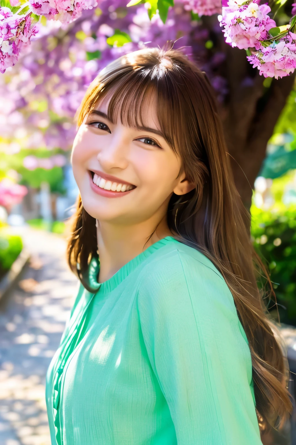 (highest quality,8k,Super detailed,masterpiece:1.2),pretty girl,One girl,blouse,fringe,smile,White teeth,Symmetrical eyes,In front of the university gate,Soft sunlight,Green tree々,Flowering shrubs,stone path,Clean and tidy environment,Vibrant colors,Peaceful atmosphere,classic architecture,Clear blue sky